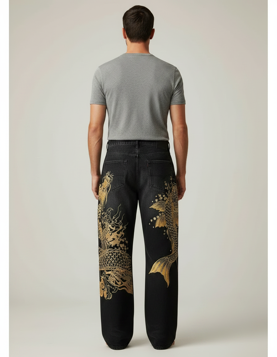 Pantalon Japonais Noir Brodé Ample Dragon Koi - Jean - vue 2