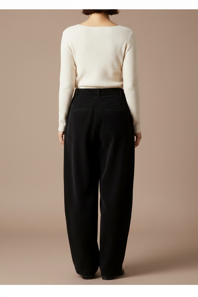 Pantalon Japonais Velours Côtelé Noir Ample Plissé - Cordé - vue 2
