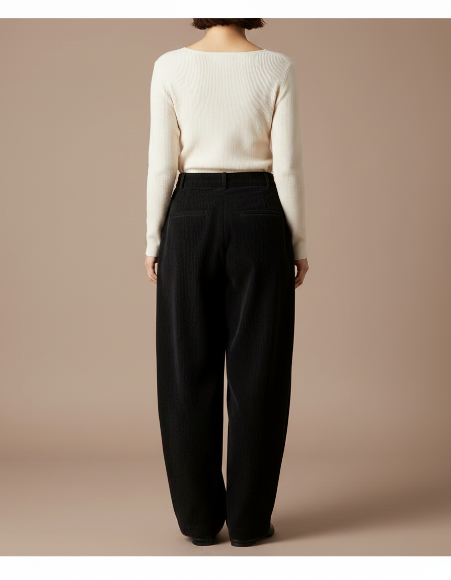 Pantalon Japonais Velours Côtelé Noir Ample Plissé - Cordé - vue 2