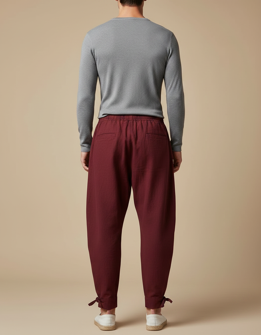 Pantalon Japonais Bordeaux Ample Coton Confortable Décontracté - vue 2