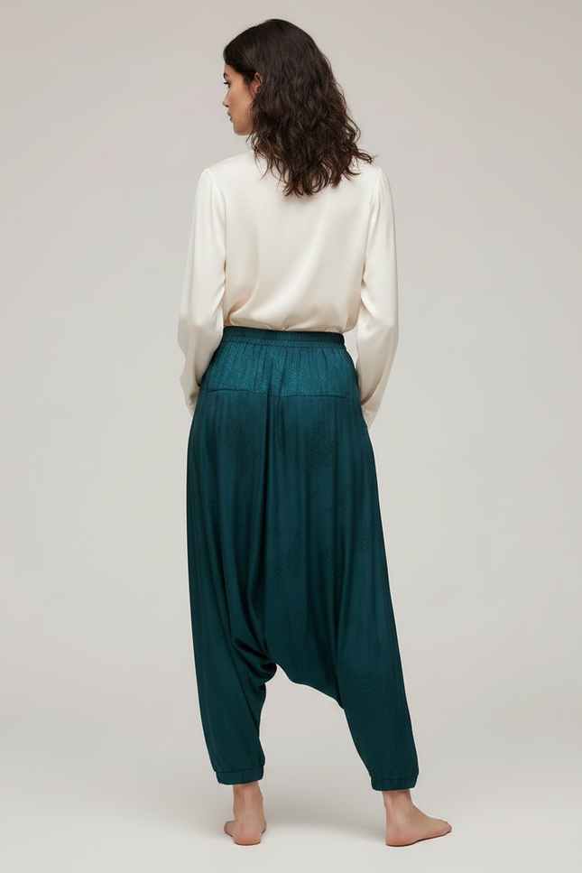 Pantalon Japonais Vert Dragon Brodé Satin Fluide Harem - vue 2