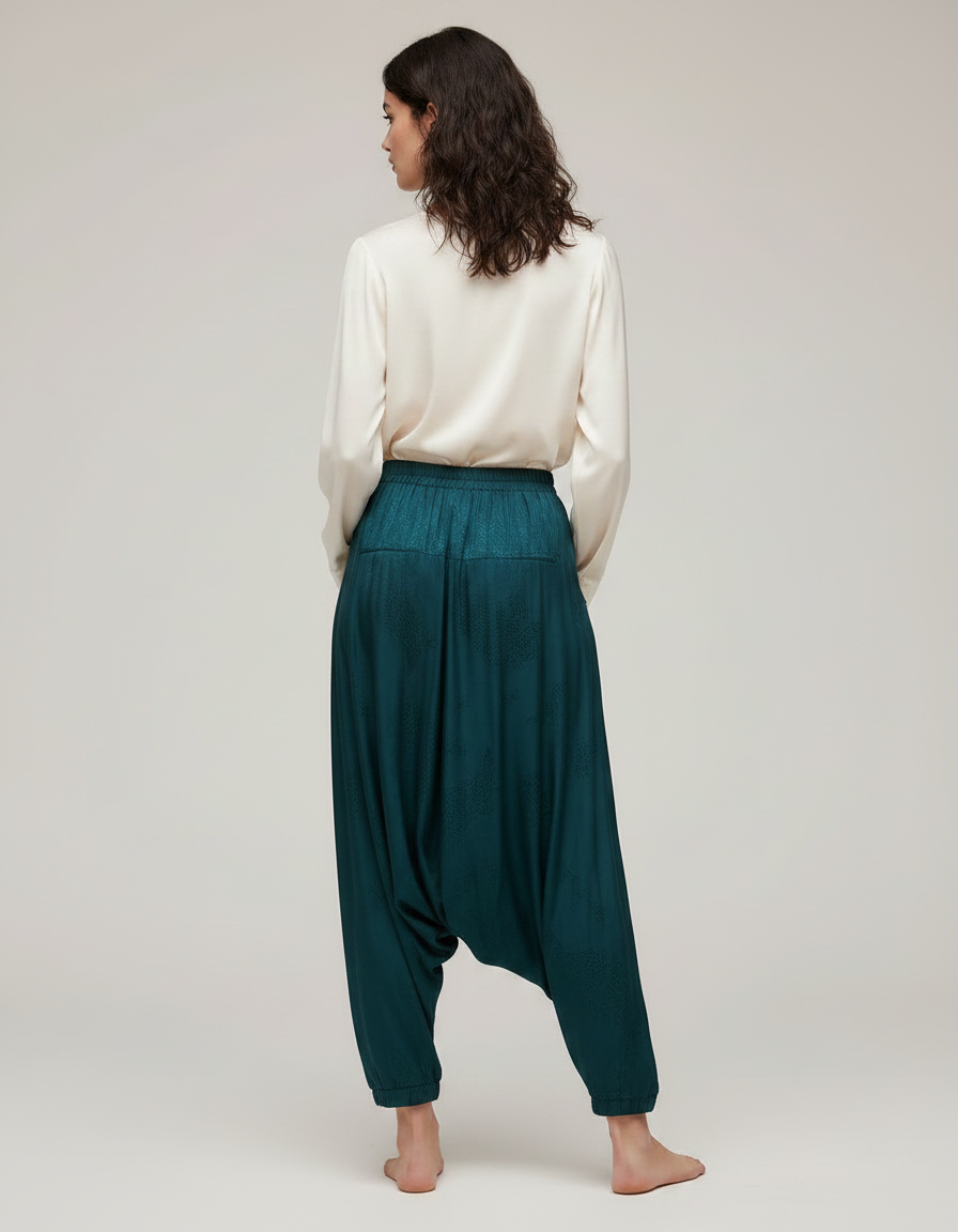 Pantalon Japonais Vert Dragon Brodé Satin Fluide Harem - vue 2