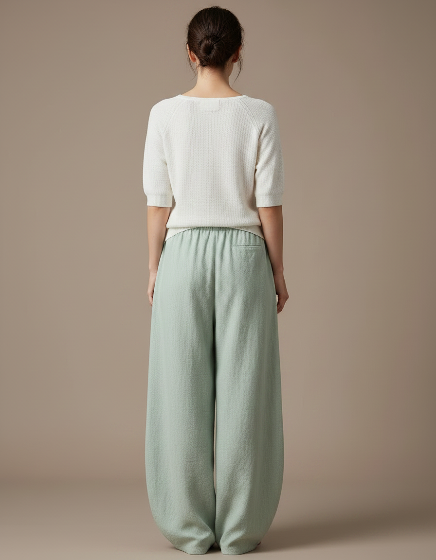 Pantalon Japonais Vert Ample Lin Fluide Femme - vue 2