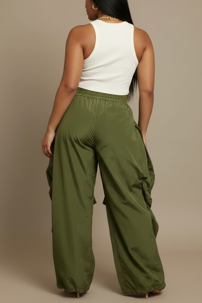 Pantalon Japonais Vert Ample Plissé Cargo Femme - Kaki Polyester - vue 2