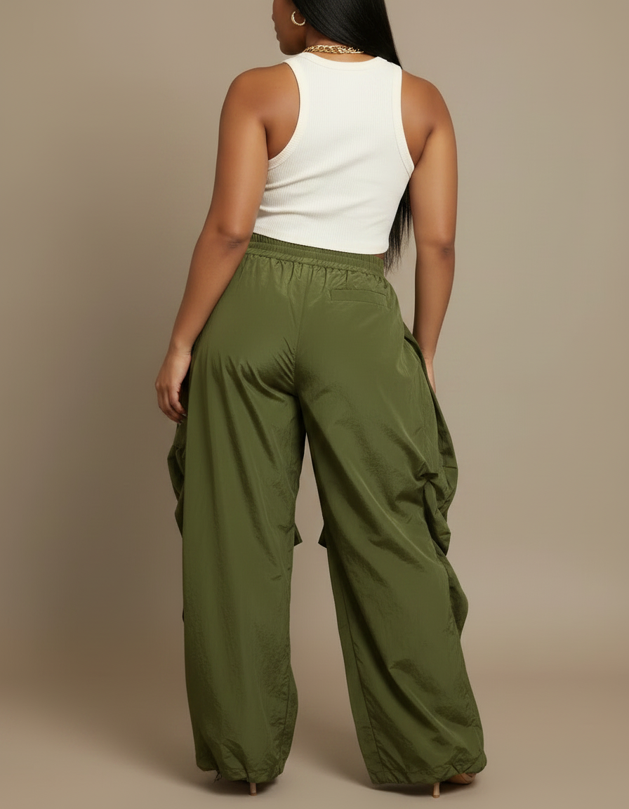 Pantalon Japonais Vert Ample Plissé Cargo Femme - Kaki Polyester - vue 2
