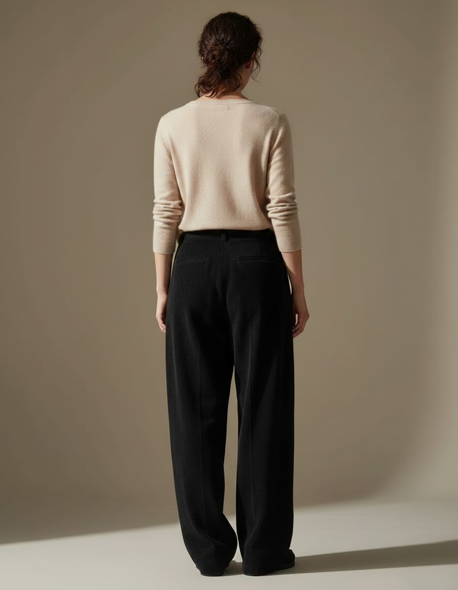 Pantalon Japonais Noir Côtelé Large Plissé Tapered Décontracté - Cordé - vue 2