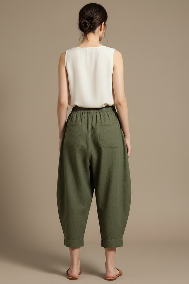 Pantalon Japonais Vert Ample Décontracté Fluide - Kaki Lin - vue 2