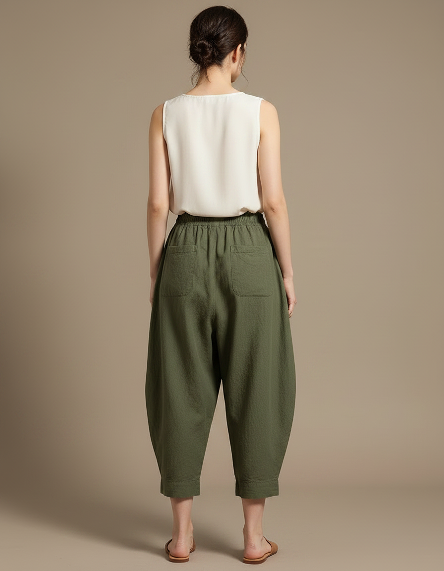 Pantalon Japonais Vert Ample Décontracté Fluide - Kaki Lin - vue 2