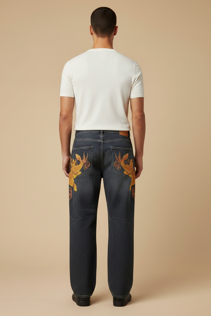 Pantalon Japonais Denim Ample Koi Brodé Homme - Gris Jean - vue 2