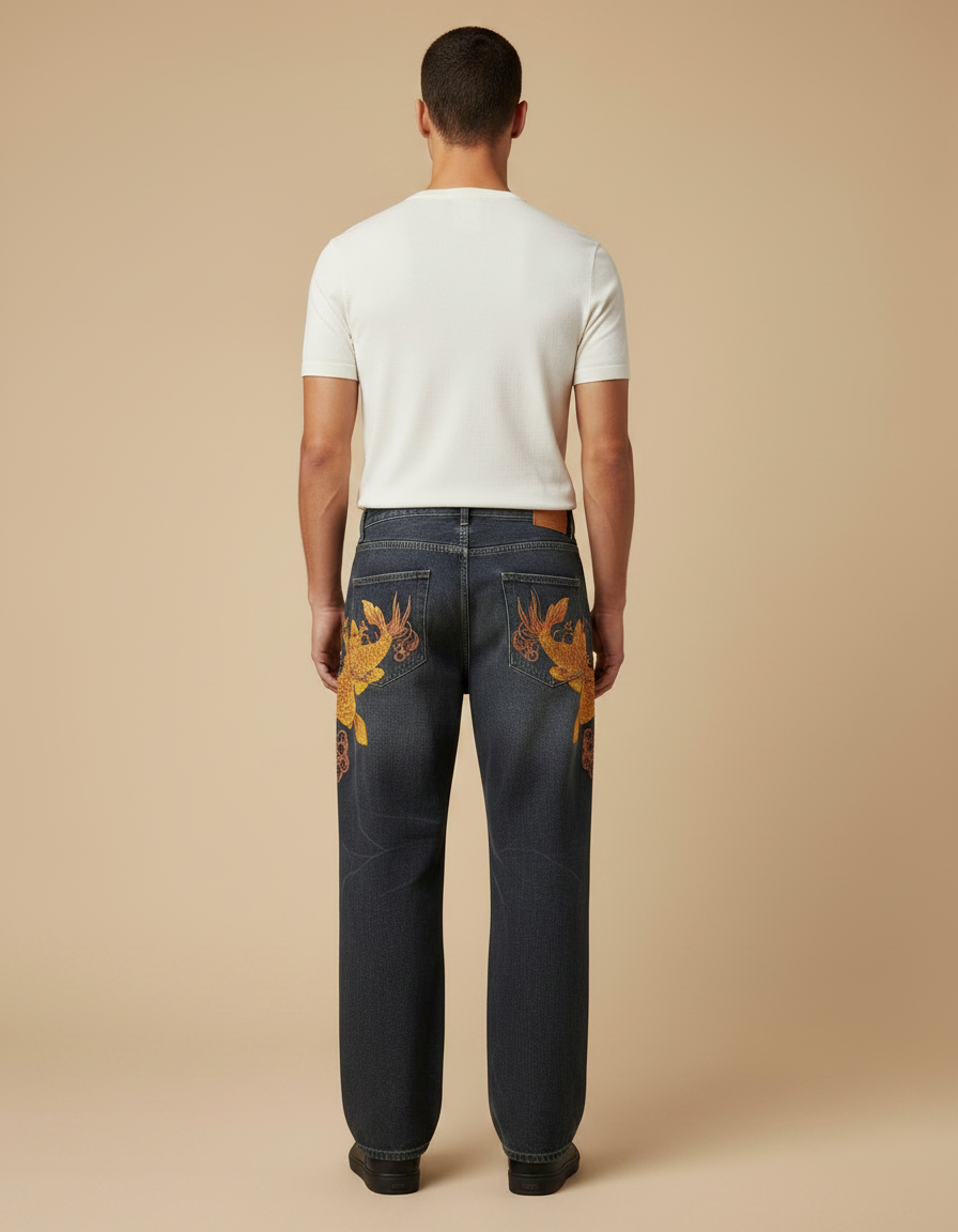 Pantalon Japonais Denim Ample Koi Brodé Homme - Gris Jean - vue 2