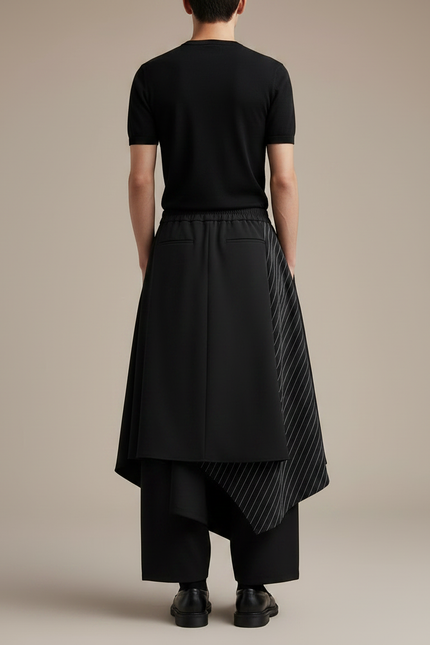 Pantalon Japonais Noir Asymétrique Rayé Plissé Ample - Polyester - vue 2