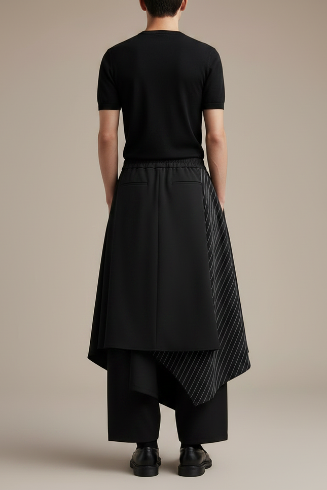 Pantalon Japonais Noir Asymétrique Rayé Plissé Ample - Polyester - vue 2