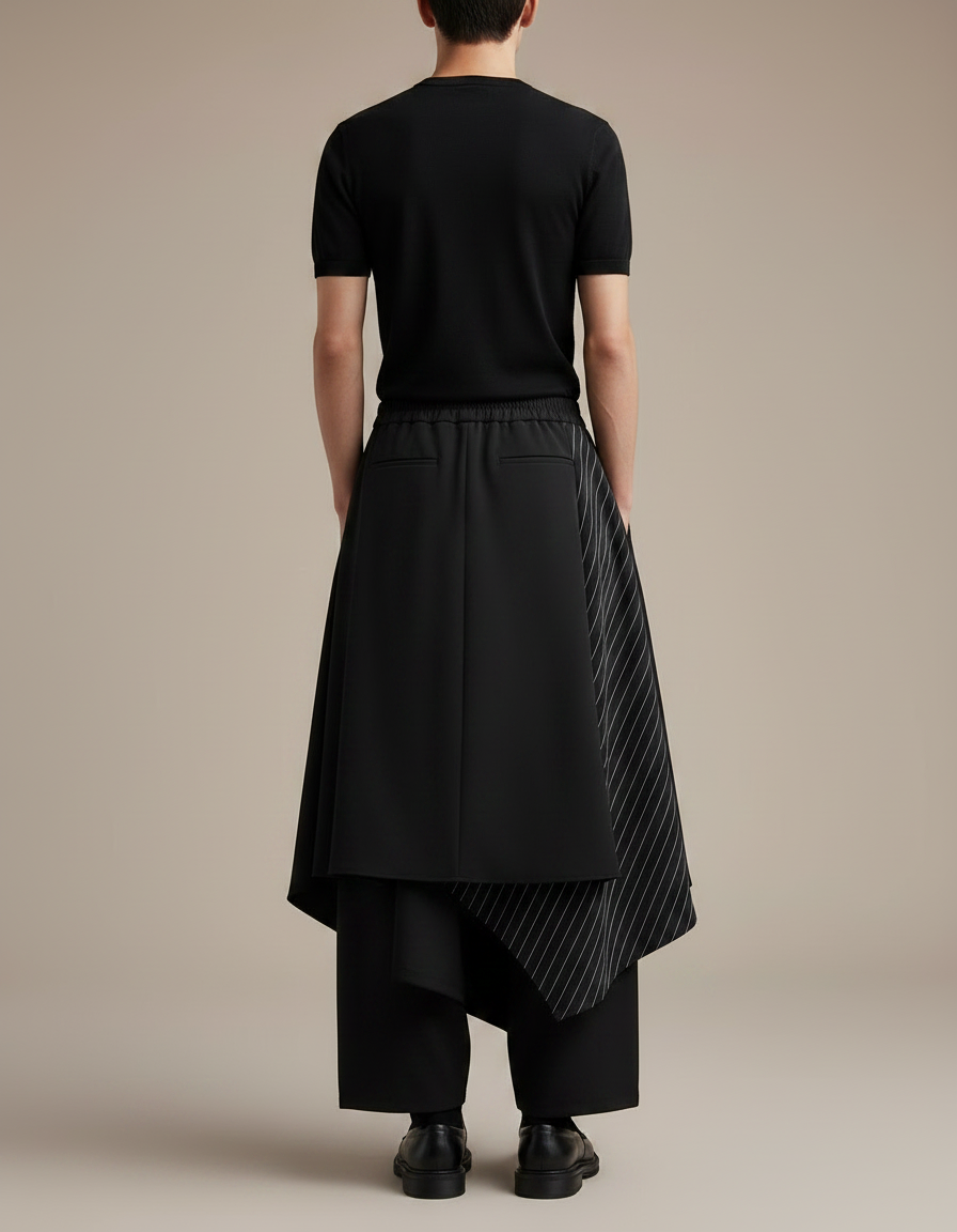 Pantalon Japonais Noir Asymétrique Rayé Plissé Ample - Polyester - vue 2