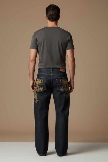 Pantalon Japonais Dragon Brodé Denim Ample Homme - Marine Jean - vue 2