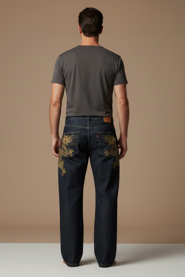Pantalon Japonais Dragon Brodé Denim Ample Homme - Marine Jean - vue 2