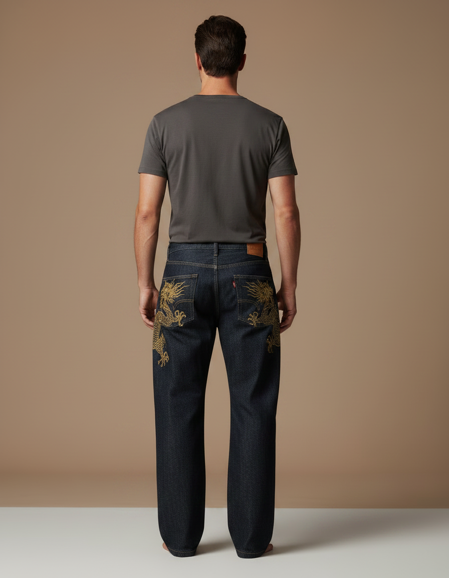 Pantalon Japonais Dragon Brodé Denim Ample Homme - Marine Jean - vue 2