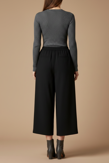 Pantalon Japonais Noir Ample Fluide Décontracté Court - Viscose - vue 2