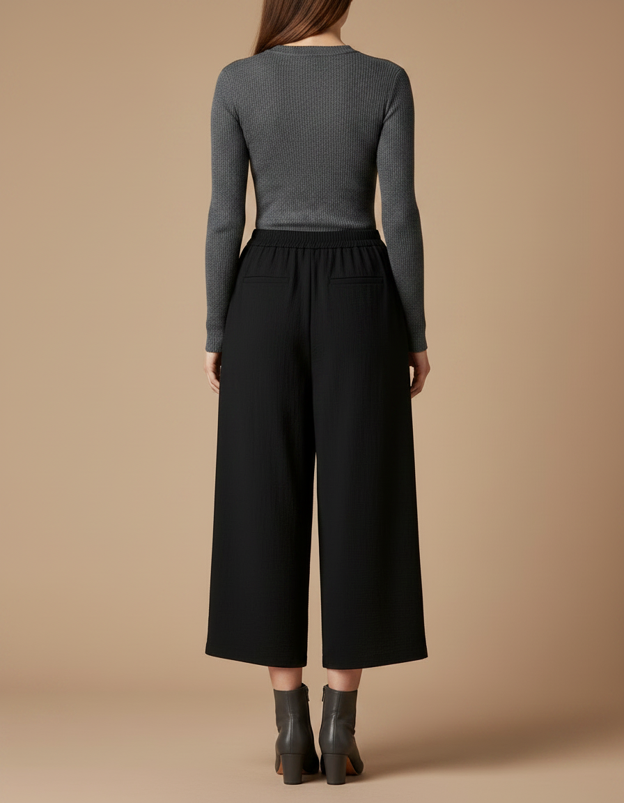 Pantalon Japonais Noir Ample Fluide Décontracté Court - Viscose - vue 2
