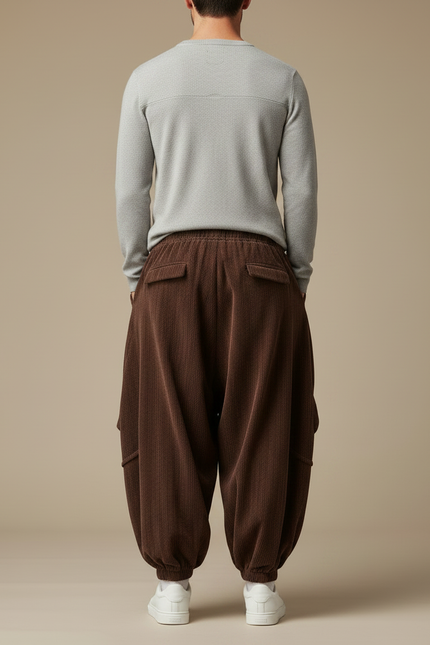 Pantalon Japonais Velours Côtelé Marron Ample Plissé Harem - Cordé - vue 2