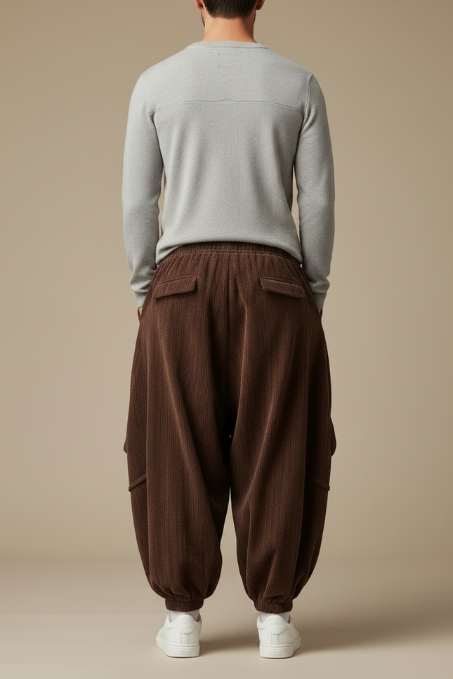 Pantalon Japonais Velours Côtelé Marron Ample Plissé Harem - Cordé - vue 2