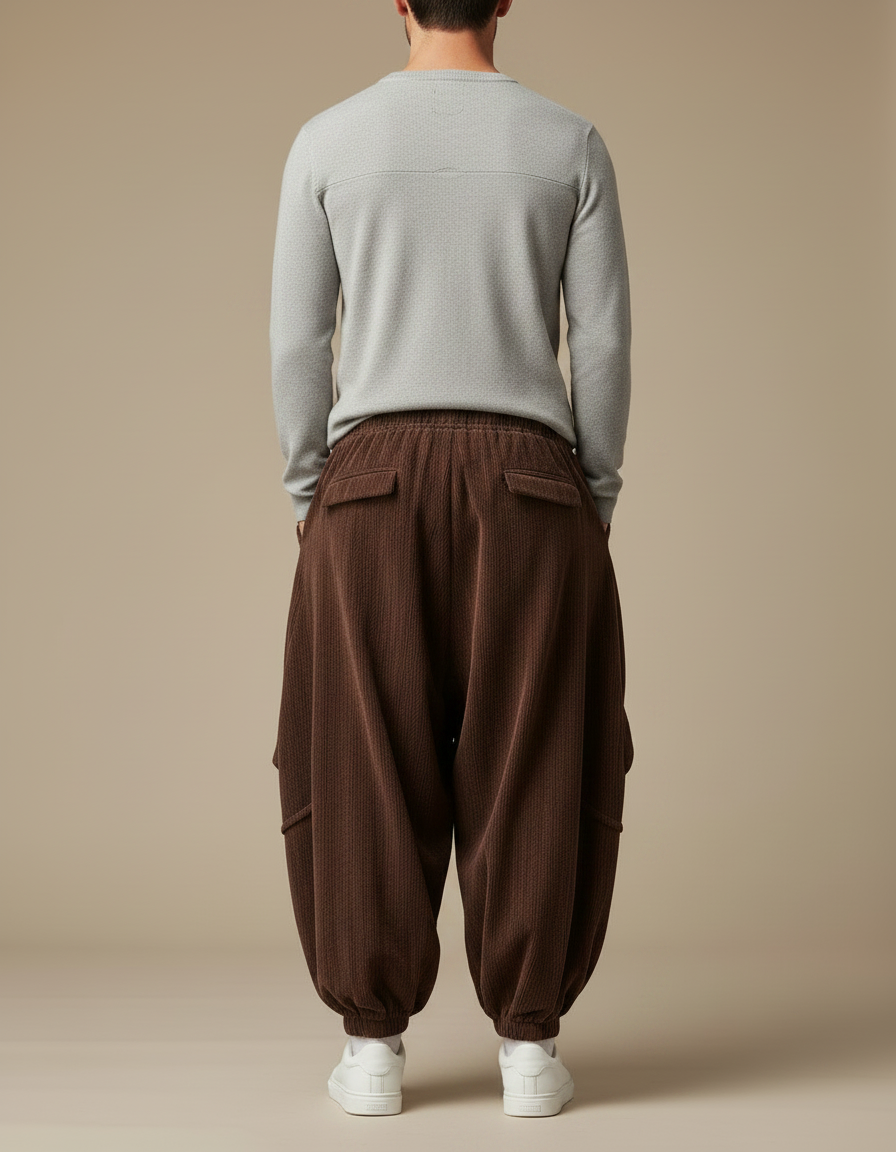 Pantalon Japonais Velours Côtelé Marron Ample Plissé Harem - Cordé - vue 2