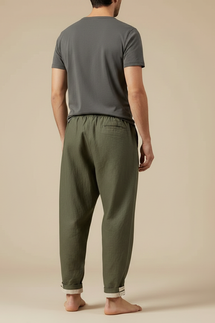Pantalon Japonais Vert Kaki Ample Lin Décontracté Homme - vue 2
