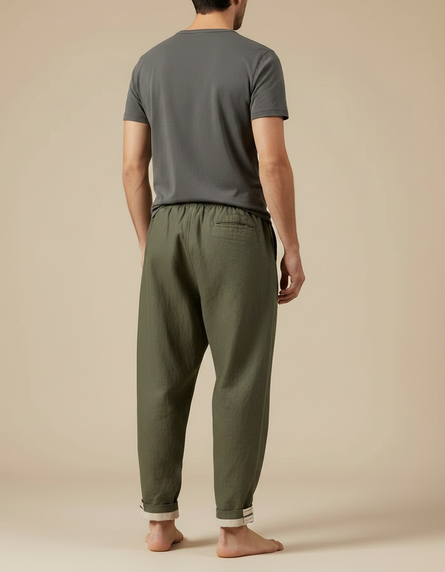 Pantalon Japonais Vert Kaki Ample Lin Décontracté Homme - vue 2