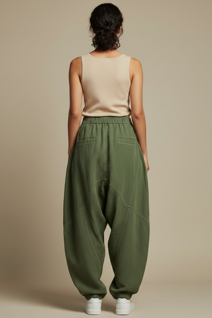 Pantalon Japonais Vert Ample Lin Confortable Décontracté - Kaki - vue 2