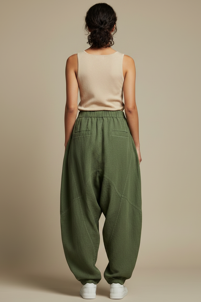 Pantalon Japonais Vert Ample Lin Confortable Décontracté - Kaki - vue 2