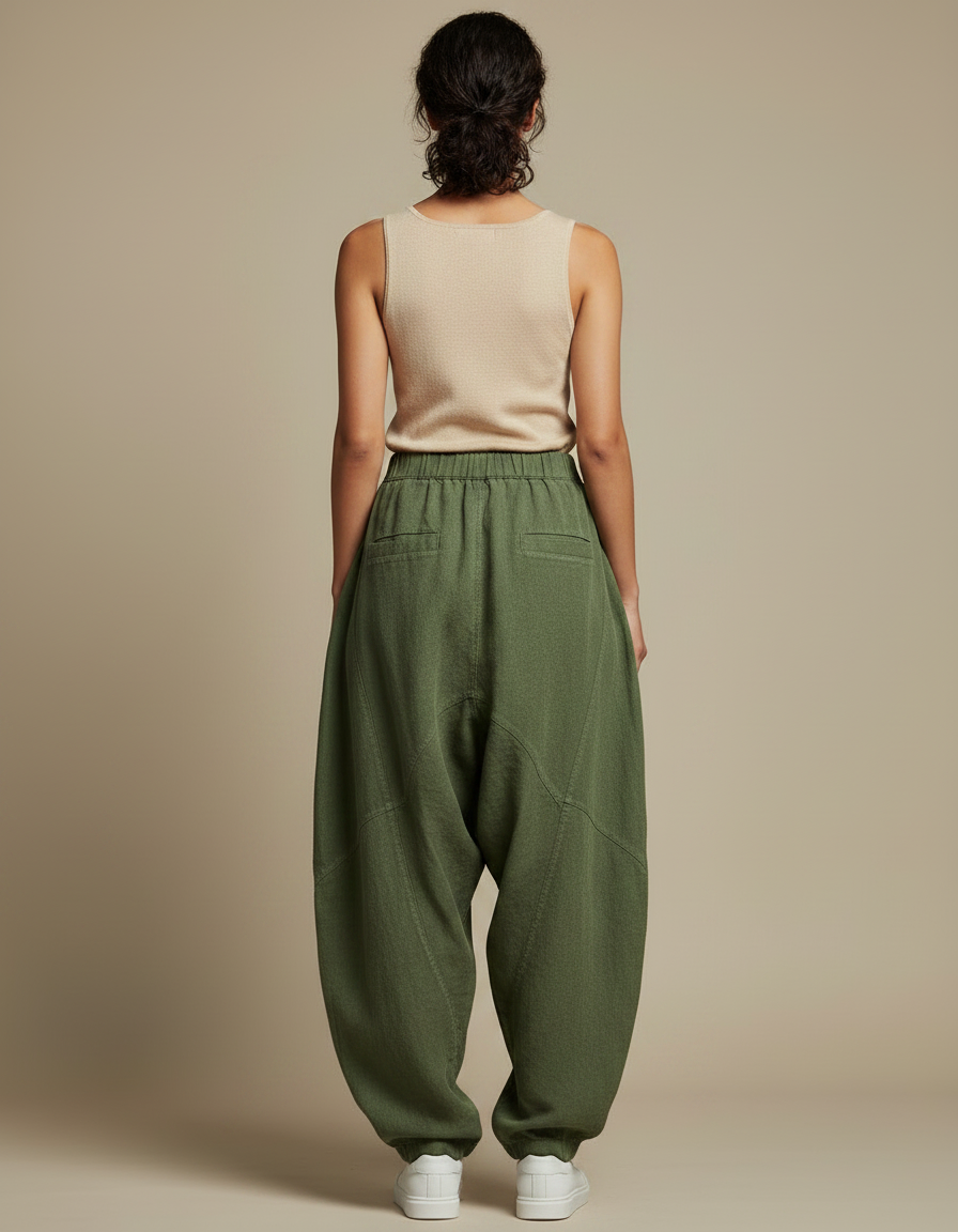 Pantalon Japonais Vert Ample Lin Confortable Décontracté - Kaki - vue 2