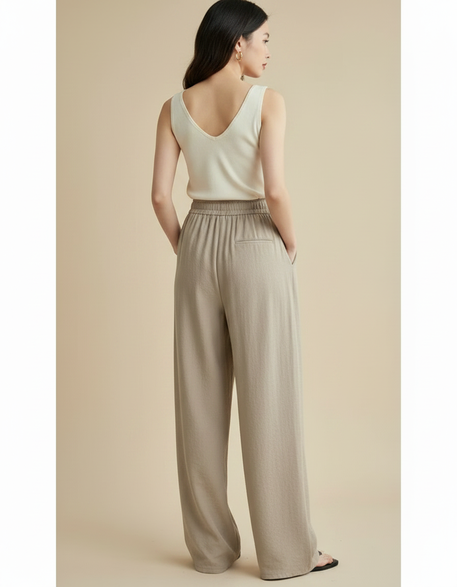 Pantalon Japonais Fluide Ample Beige Décontracté Femme - Lin - vue 2