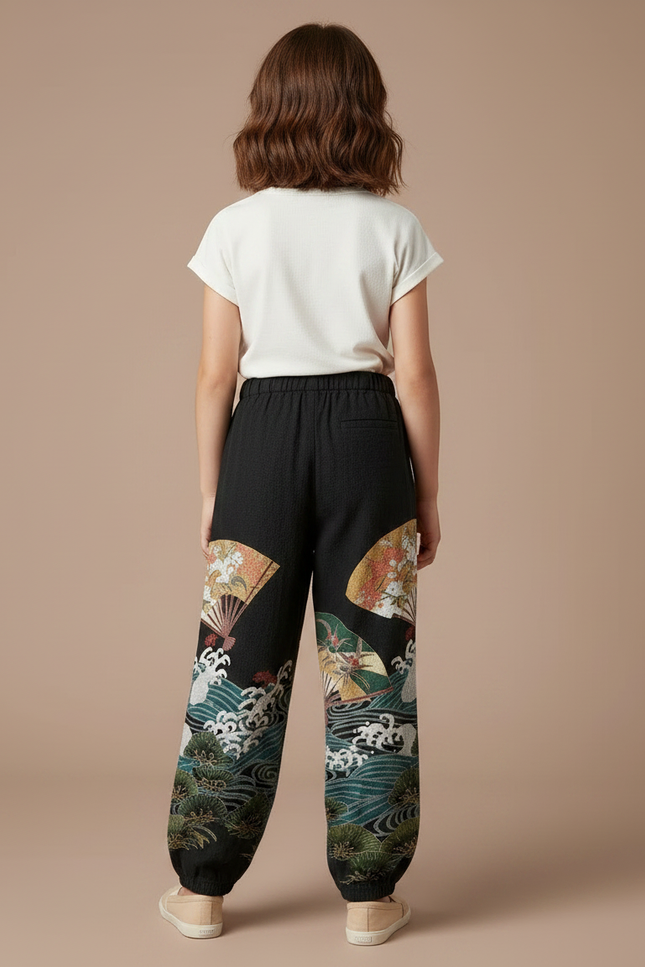 Pantalon Japonais Noir Ample Motifs Éventails Vagues - Coton - vue 2