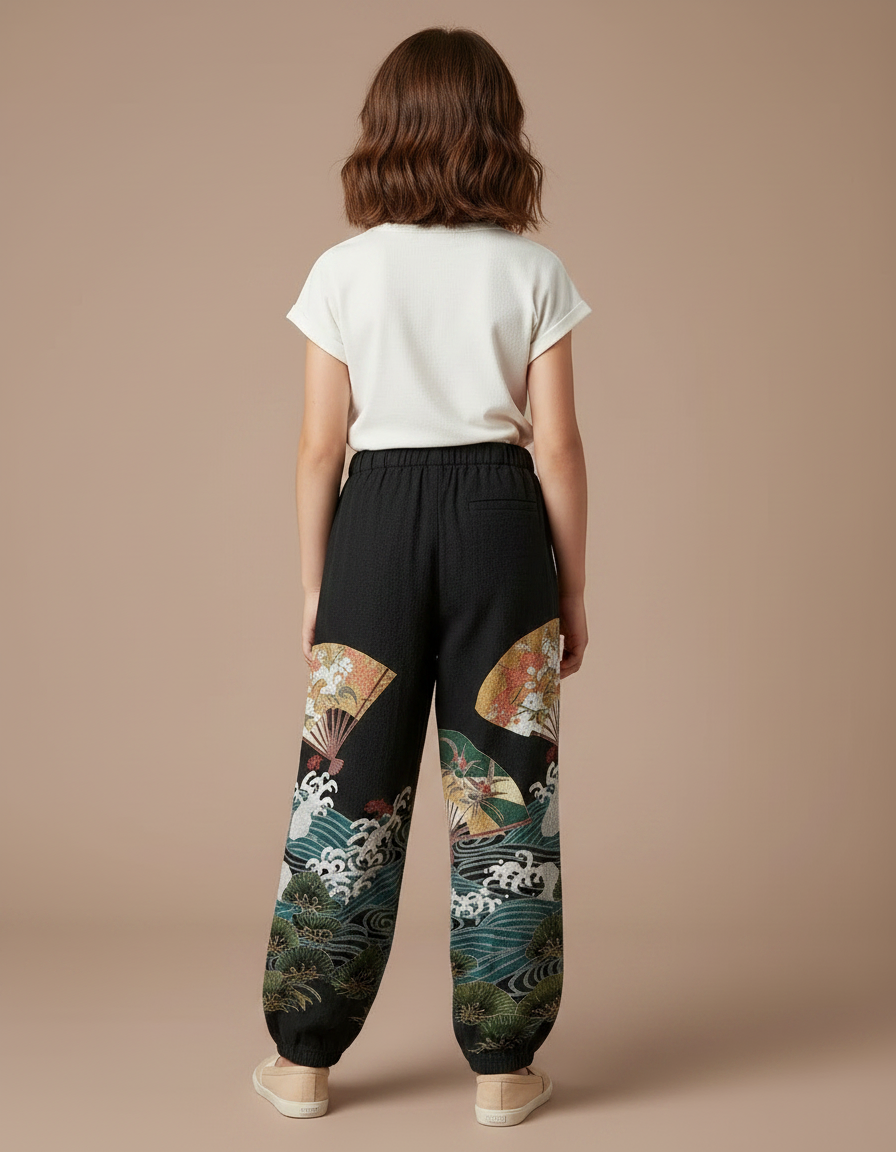 Pantalon Japonais Noir Ample Motifs Éventails Vagues - Coton - vue 2