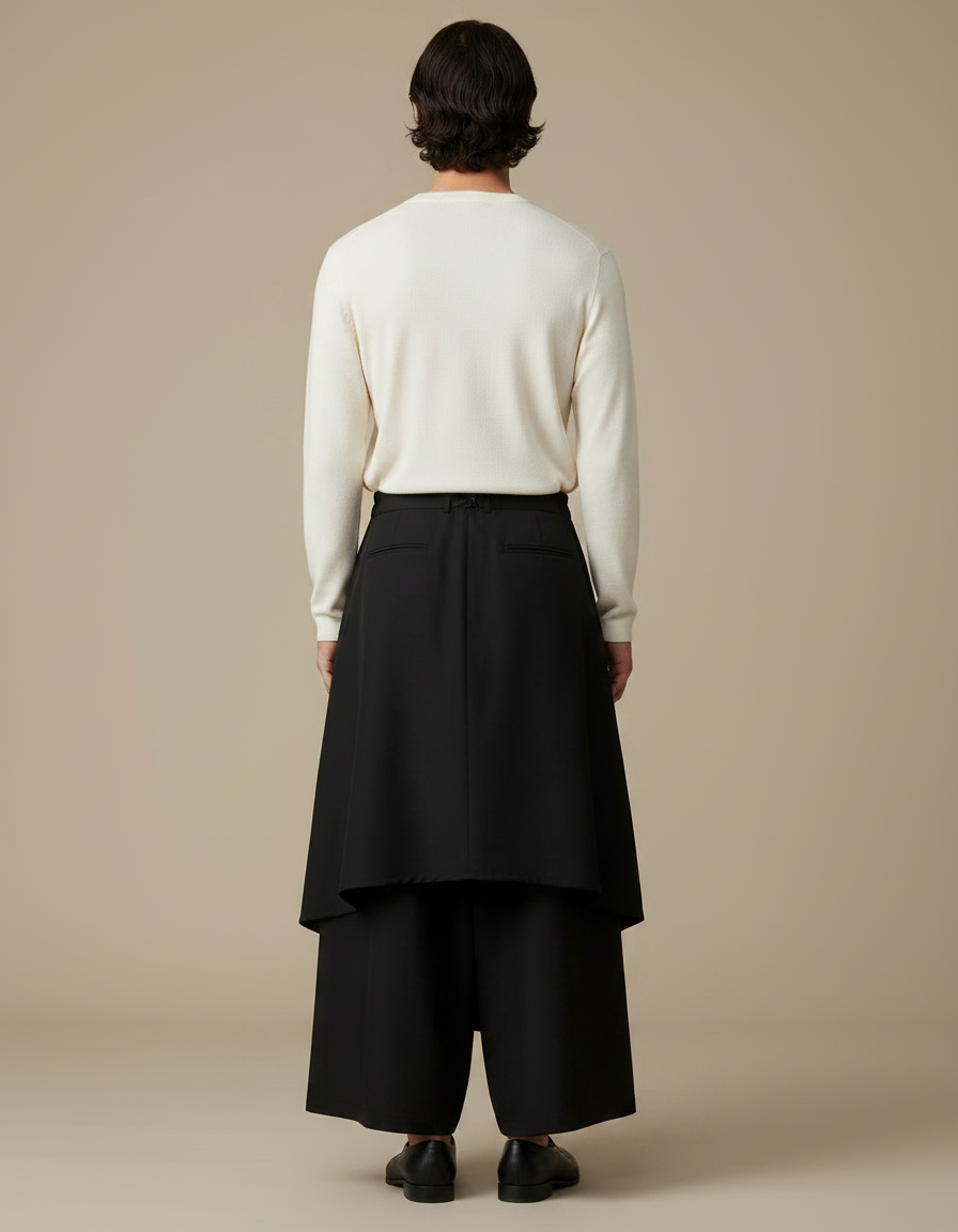 Pantalon Japonais Noir Superposé Asymétrique Floral Ample - Polyester - vue 2