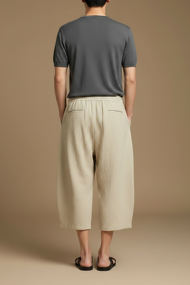 Pantalon Japonais Beige Coton Ample Court Cordon - Lin - vue 2