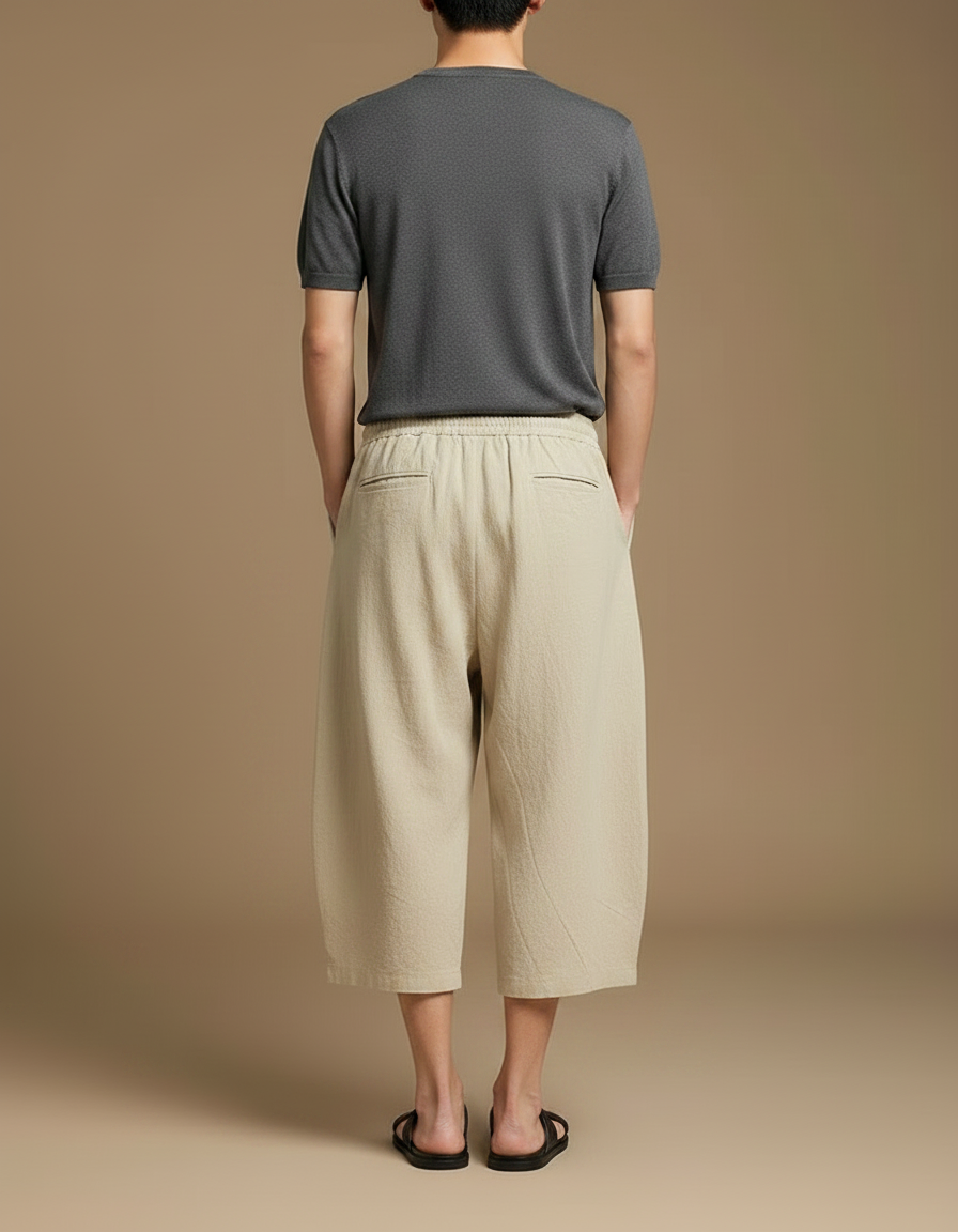 Pantalon Japonais Beige Coton Ample Court Cordon - Lin - vue 2
