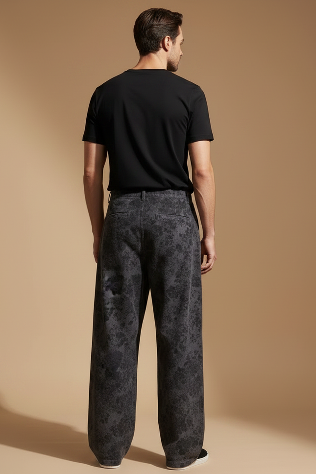 Pantalon Japonais Large Fleuri Gris Noir Décontracté - Coton - vue 2