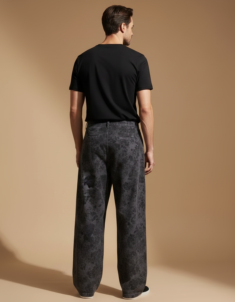Pantalon Japonais Large Fleuri Gris Noir Décontracté - Coton - vue 2