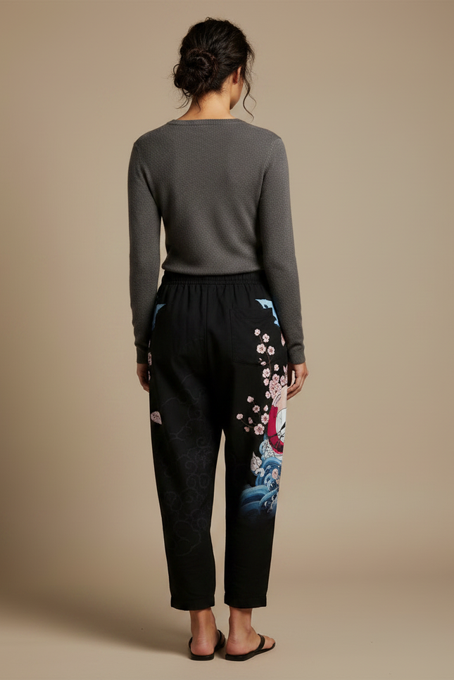 Pantalon Japonais Noir Fleuri Ample Fluide - Viscose - vue 2
