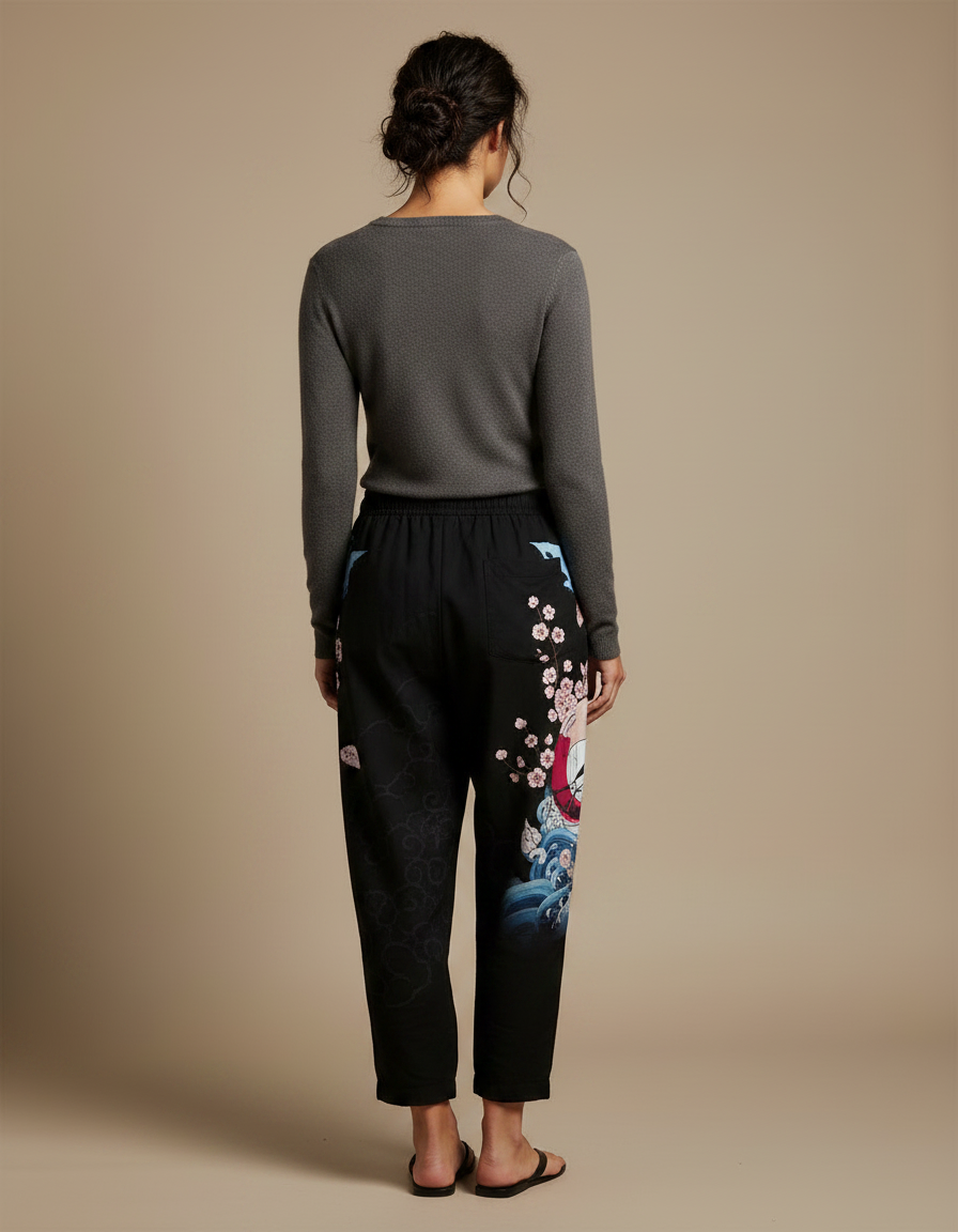 Pantalon Japonais Noir Fleuri Ample Fluide - Viscose - vue 2