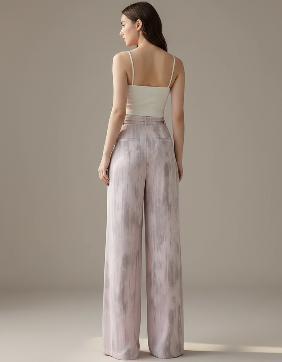 Pantalon Japonais Rose Satiné Ample Fluide Imprimé Élégant - vue 2