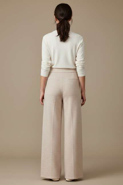 Pantalon Japonais Tricoté Ample Taille Haute Crème Chiné - Beige Maille - vue 2