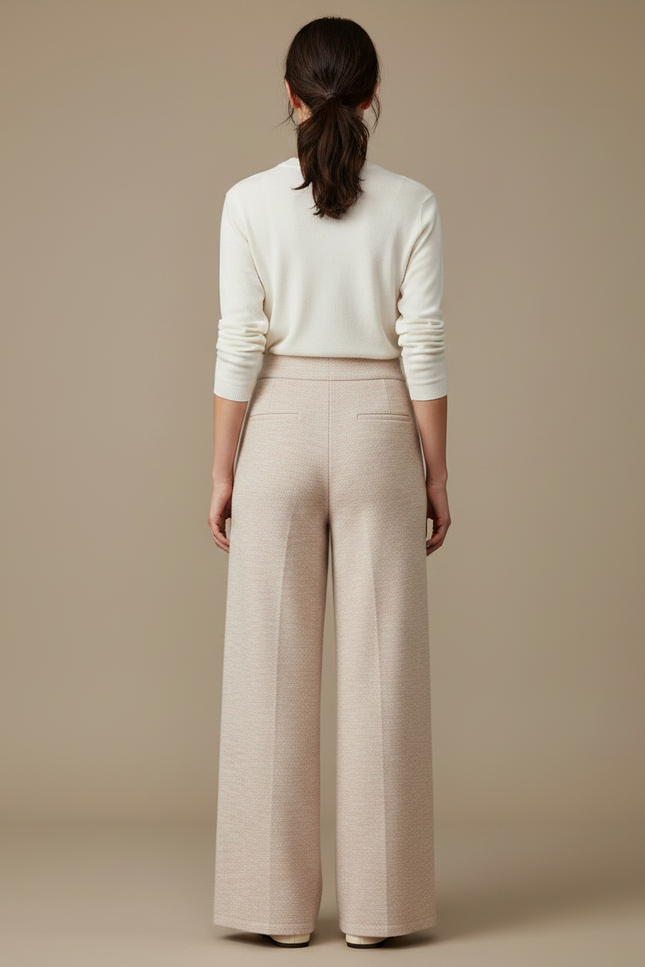Pantalon Japonais Tricoté Ample Taille Haute Crème Chiné - Beige Maille - vue 2