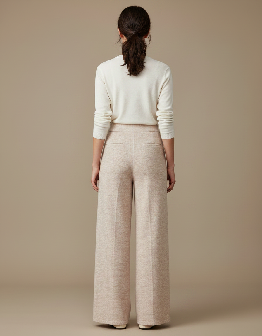 Pantalon Japonais Tricoté Ample Taille Haute Crème Chiné - Beige Maille - vue 2