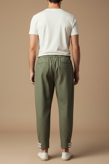 Pantalon Japonais Vert Ample Coton Homme Décontracté - Kaki - vue 2