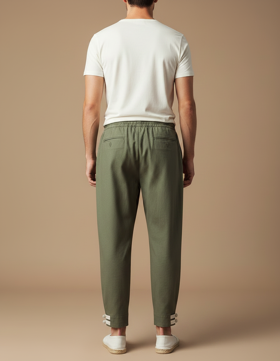 Pantalon Japonais Vert Ample Coton Homme Décontracté - Kaki - vue 2