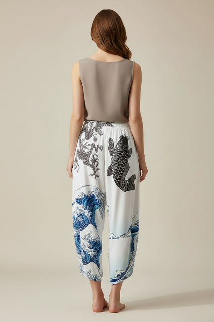 Pantalon Japonais Blanc Fluide Vagues Carpe Dragon - Viscose - vue 2