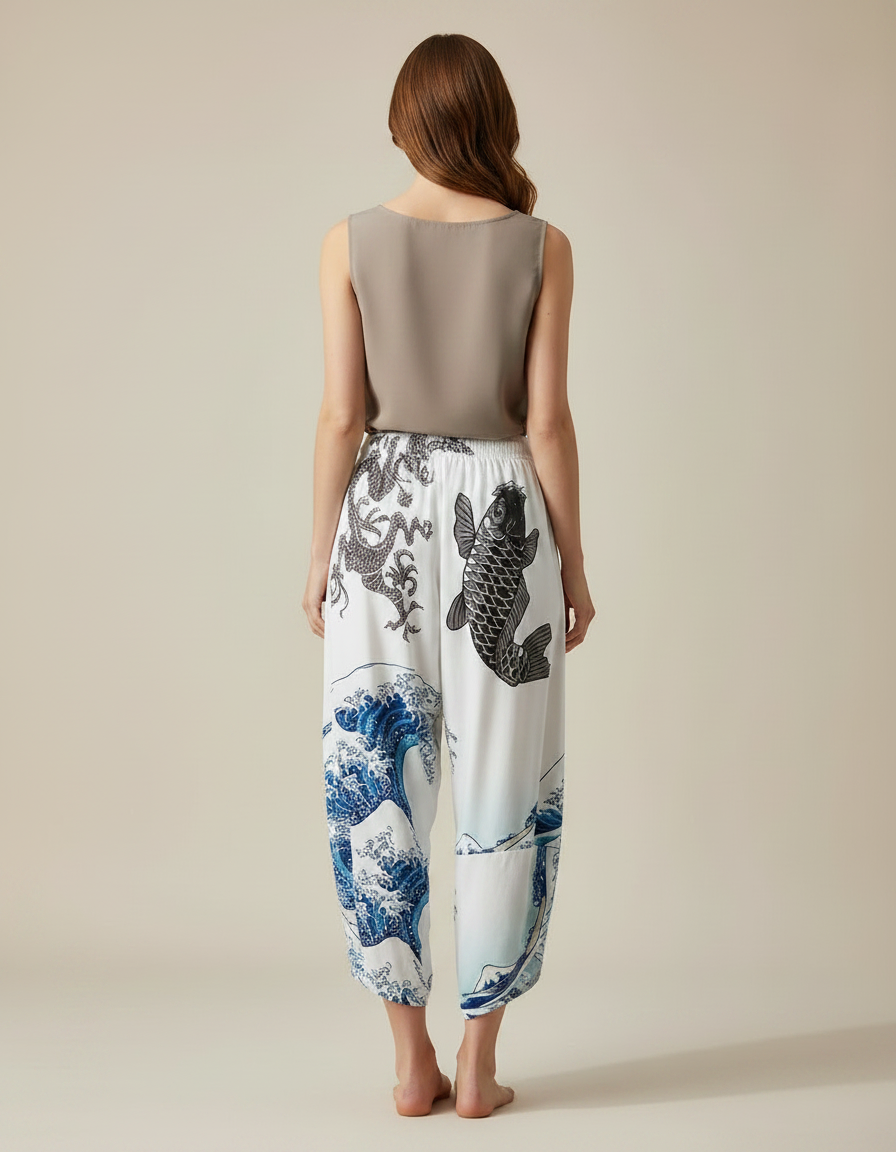 Pantalon Japonais Blanc Fluide Vagues Carpe Dragon - Viscose - vue 2