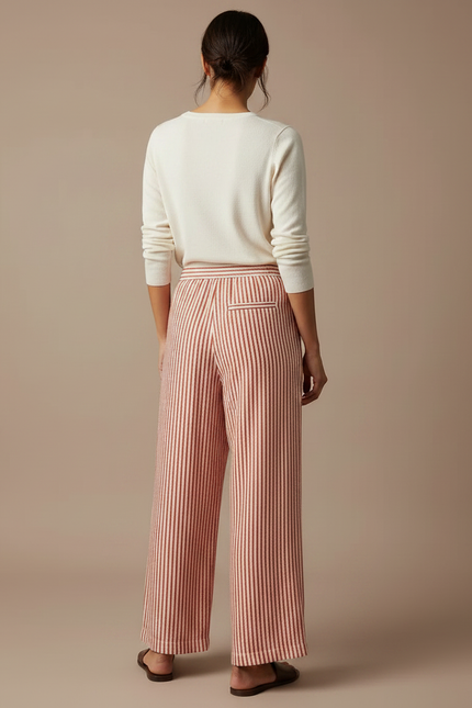 Pantalon Japonais Rayé Ample Fluide Cordon Élastique - Multicolore Lin - vue 2