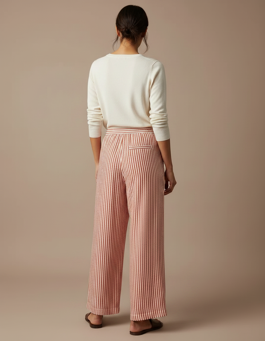 Pantalon Japonais Rayé Ample Fluide Cordon Élastique - Multicolore Lin - vue 2